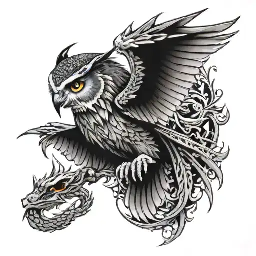 Owl And Dragon Sleeve Tattoo Featuring