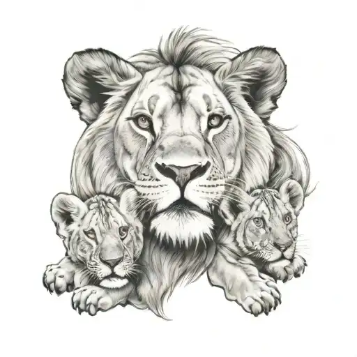 A Lions Face With 3 Baby Cubs Around It