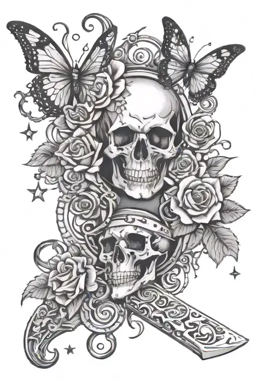 Knife With Roses And Moon And Stars With Skulls And Handcuffs Medusa And Butterflies