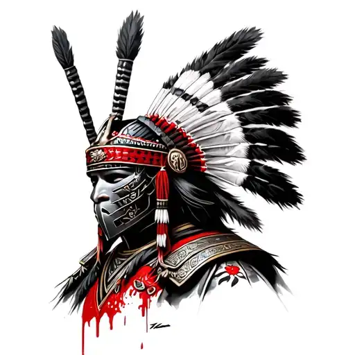 Samurai Warrior With Native American Headdress Bloody Mask