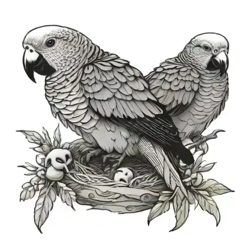 Quaker Parrot Above Nest With Two Baby Birds Inside