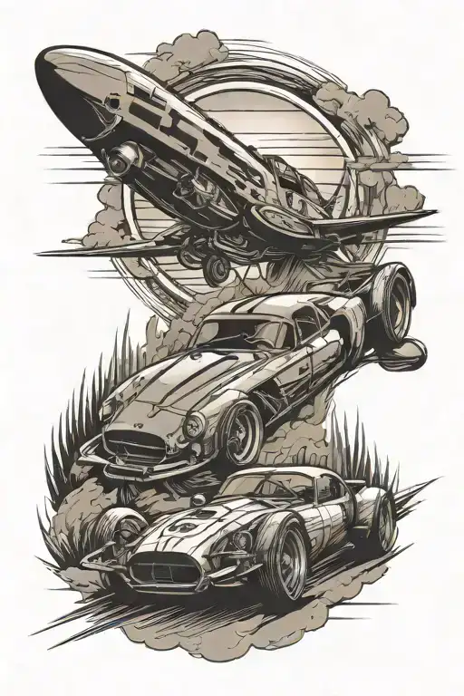 Create A Tattoo With A Racing Car Driving Towards A Sunset With A Cross In The Background