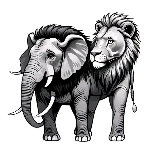 Simple Pine Drawing Cartoon Elephant And Lion Heads Looking Away From Each Other