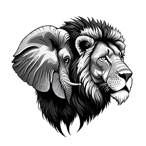 Simple Line Drawing Cartoon Elephant And Lion Heads Looking Away From Each Other