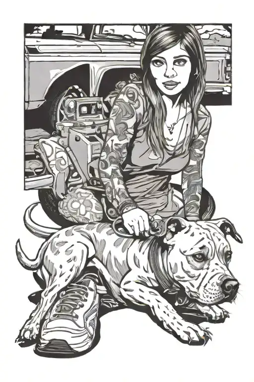 Girl Holding Pitbull On Leash With 1972 C10 In Backround