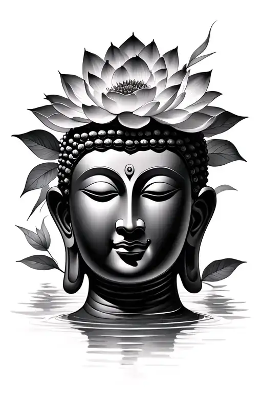 Buddha Face And Lotus Flowers