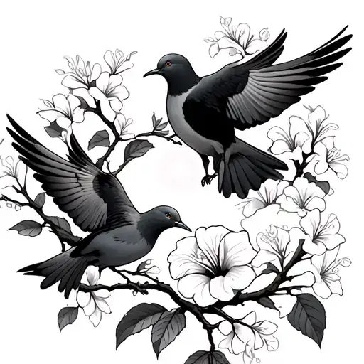 Two Doves In Love In A Cherry Blossom Tree With A Hibiscus Flower Blooming With The Sun