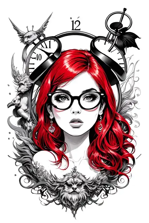 Sexy Girl With Red Hair Glasses Clock And Zeus