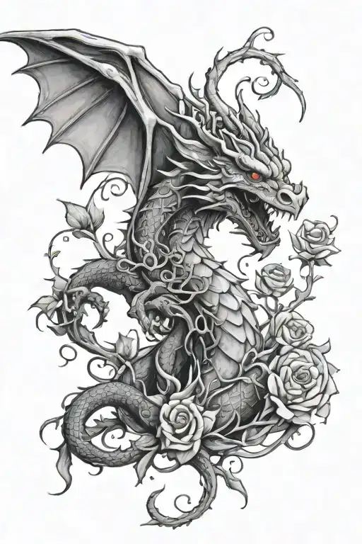 Dragon Wrapped Around Rose Vine