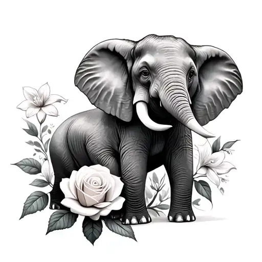 Mom Elephant Baby Elephant Narcissus Flower And Rose Flower