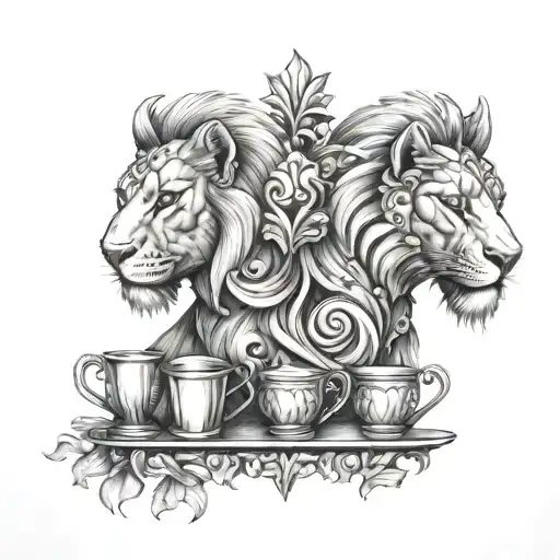 Lionesses With Cups And Spartan Warrior