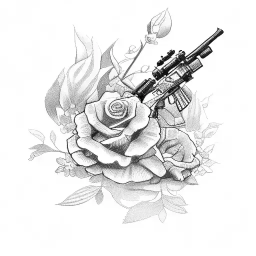 A Detailed Sketch Of A Hunting Rifle With Flowers Growing From The Barrel