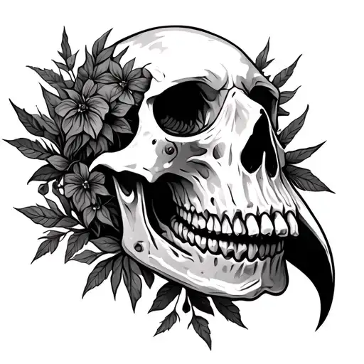 Raven Skull With Human Bones And Also Some Foilage Wrapping Around The Skull