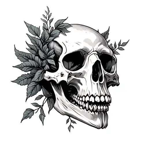 Raven Skull With Human Bones And Also Some Foilage Wrapping Around The Skull