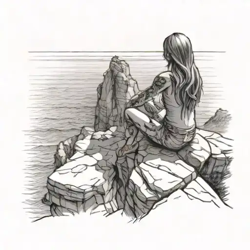 Girl Sitting On Top Of A Cliff Gazing Into The Ocean While The Sun Is Shining Down On Her