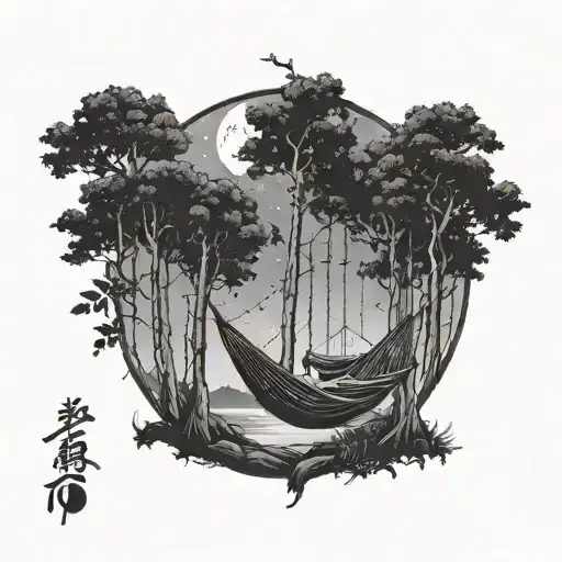Three Hammocks Strung Up Between Two Trees In The Middle Of The Forest On A Moonlit Night