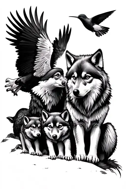 Eagle And Hummingbird Watching A Family Of Wolves 3 Cubs