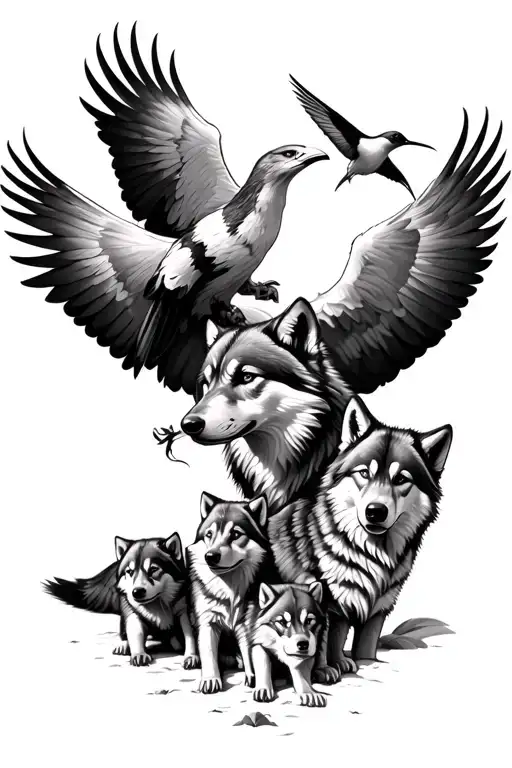 Eagle And Hummingbird Watching A Family Of Wolves 3 Cubs