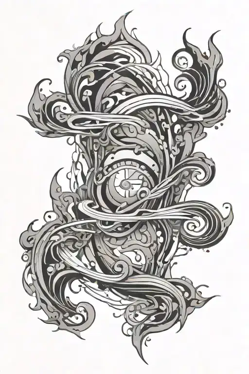 Abstract Tattoo That Symbolizes Water Element In Black And White And Thin Traits