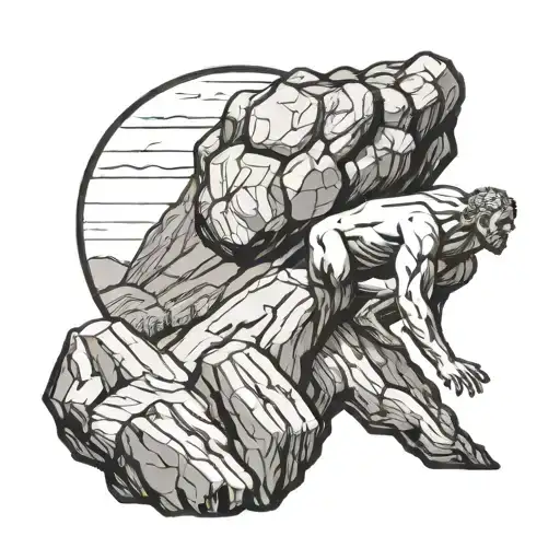 Sisyphus Pushing Rock Up Mountain