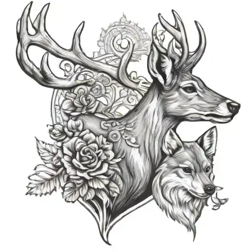 A Male Deer With A Dog And A Cardinal