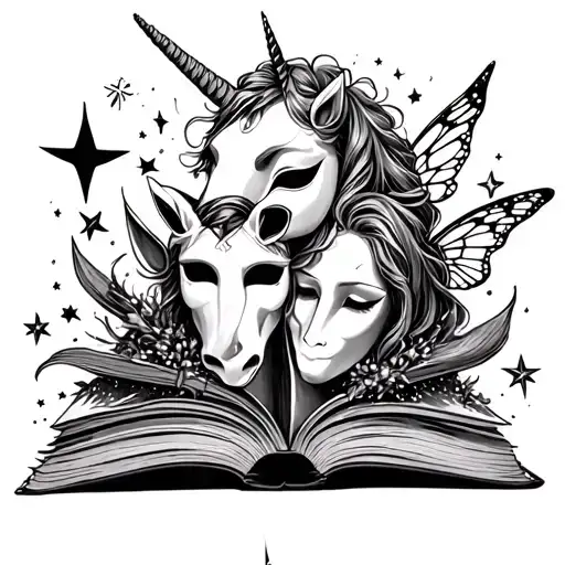Magical Book Explosion Of Stars And Fairies And Unicorns And Drama Masks