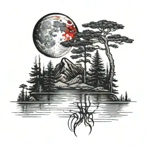 Red Moon Reflecting On Water With Pine Trees And Mountains In The Background