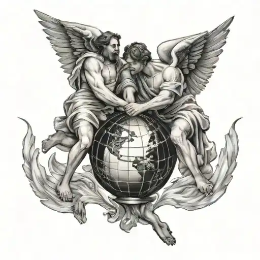 Men Holding Globe Men Falling Angel And Man Vigilant