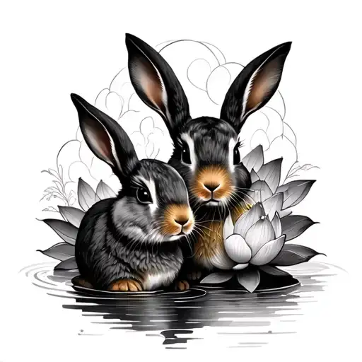 Two Rabbits And Lotus Line Art