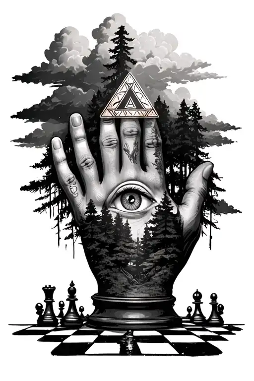Chess Board On Hand To A Forest On The Wrist With A Illuminati Eye In The Clouds Above The Forest