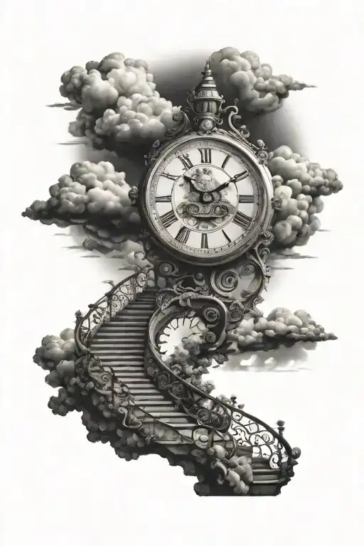 Old Clock Stairway Leading To Heaven With Clouds Surrounding