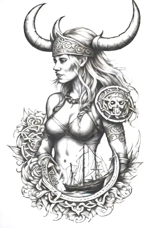 Woman Viking Whit Wapon And Ship On The Background