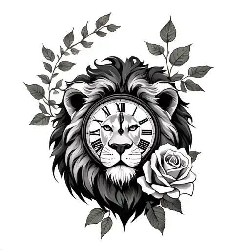 Lion With Old Time Clock And Rose Growing