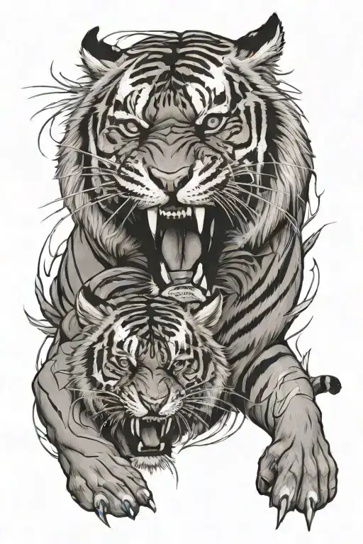 A Full Body Tiger Roaring With Baby Tiger In Front