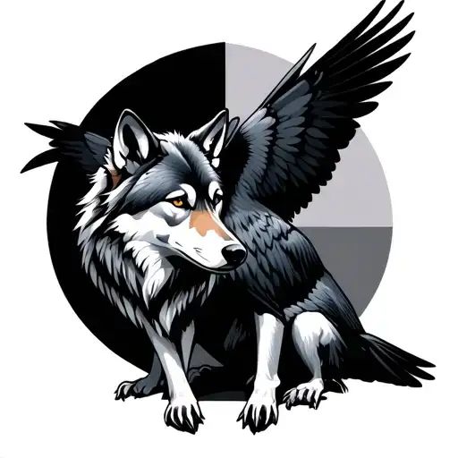 Geometric With Wolf And Raven Sitting