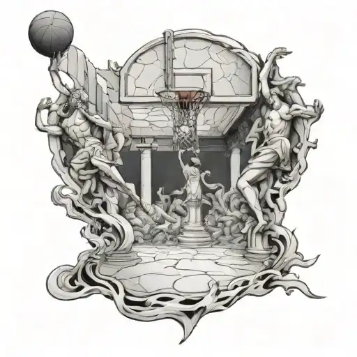 A Basketball Court Surrounded By Italian Marble Statues Underwater