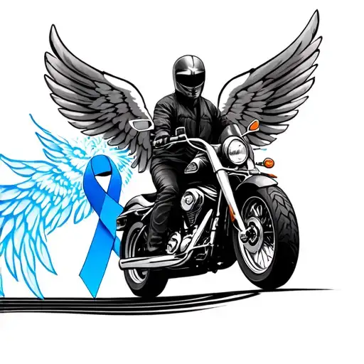 Black Harley Davidson Motorcycle Riding Up A Blue Cancer Ribbon To Heaven