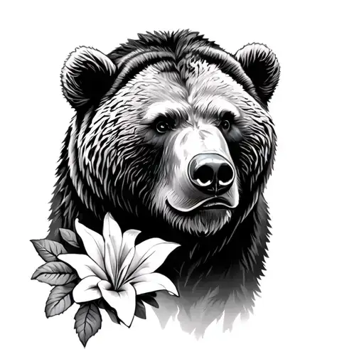 Grizzly With Lilies And Rose