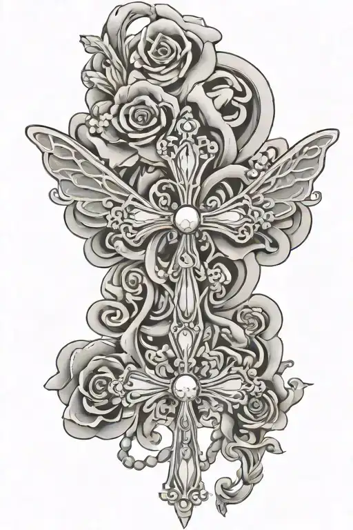 Cross Rosary Wrapped Flower Swirl Butterfly