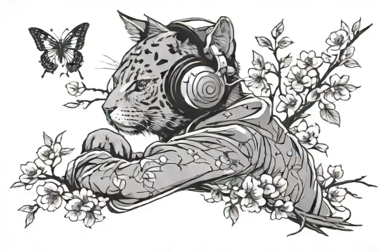 Mello In Middle With Cat Sitting On Cherry Blossom Tree Branch Wearing Headphones Listening To Music