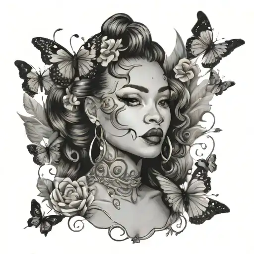 A Stylized Portrait Of Kahlani Lynn Garner Surrounded By A Border Of Butterflies And Hearts