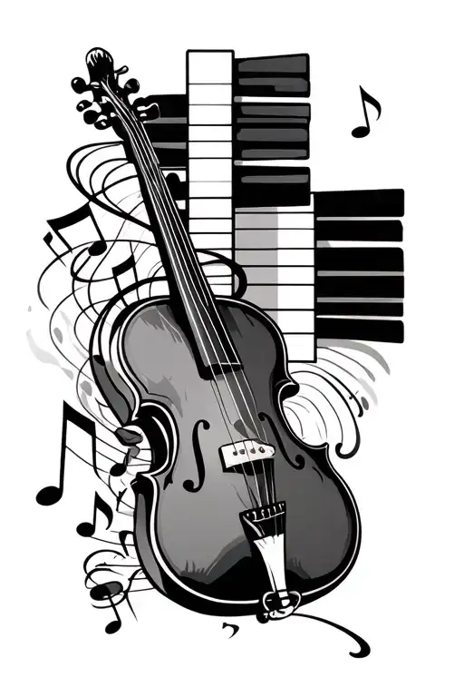 Guitar And Violin Intertwined With Piano Keys And Music Notes
