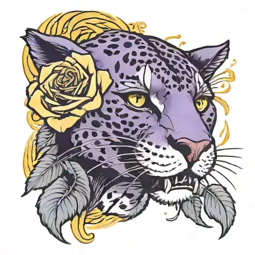Head Of A Purple Panther Hissing With A Long Stem Yellow Rose Behind It