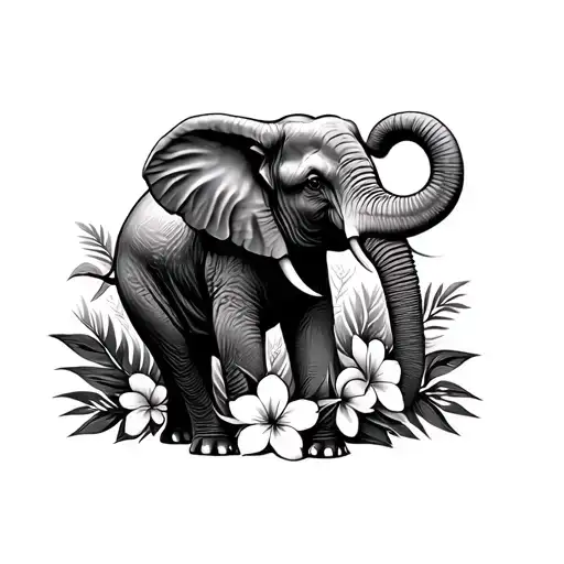 Trunk Up Elephant Surrounded By Tropical Flowers Wrapped