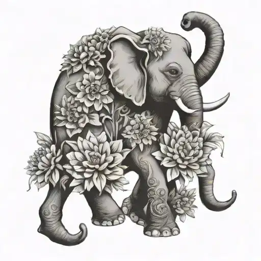 Cultural Elephant With Dahlias Blooming Flowers Growing