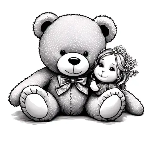 Teddy Bear With Dolly In Cursive