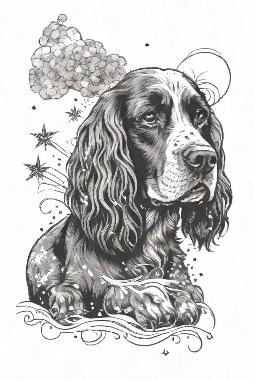 Black And White Cocker Spaniel Full Body With Fireworks Exploding In Background