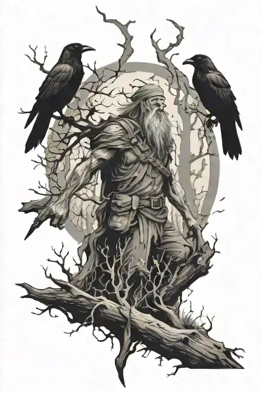 Leshy In The Forest With Crows Flying Away