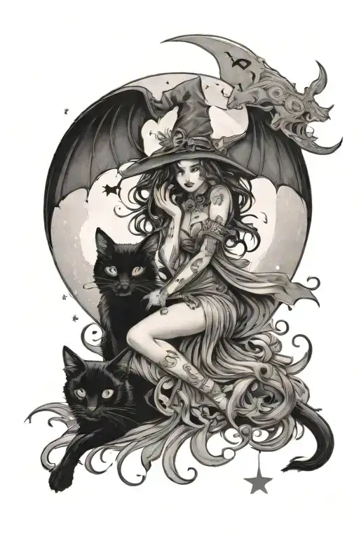 Witch Fairy Holding A Black Cat With The Moon And Stars And Bats In Background