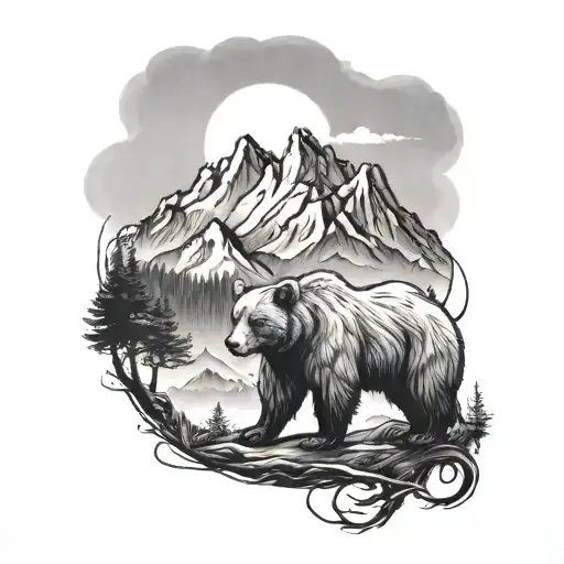 Bear By A Tree With Mountains In The Back Ground